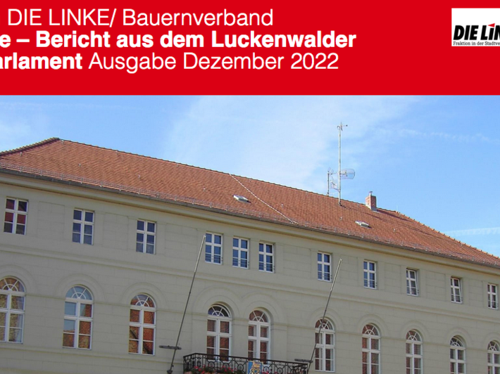 Das Bild ist ein Screenshot der Titelseite der ersten Ausgabe des Newsletters LUK live und dem Logo der Fraktion. Das Foto zeigt das Rathaus Luckenwalde.