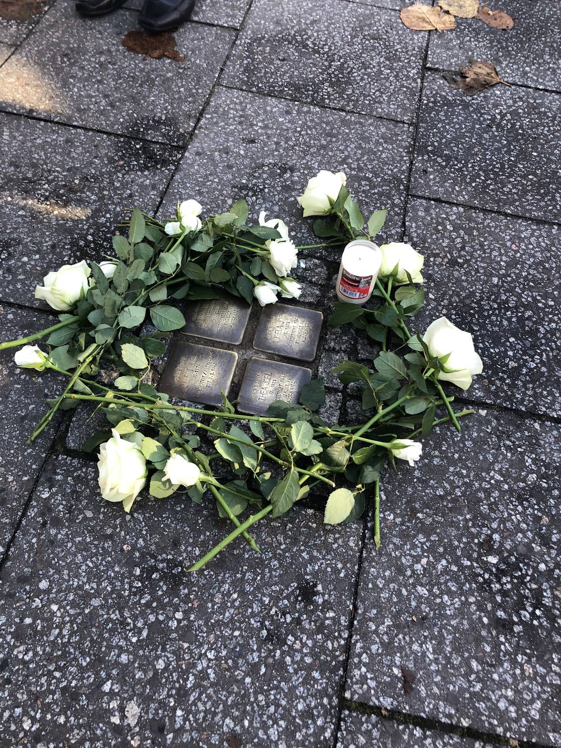 Das Foto zeigt verlegte Stolpersteine im Straßenpflaster.